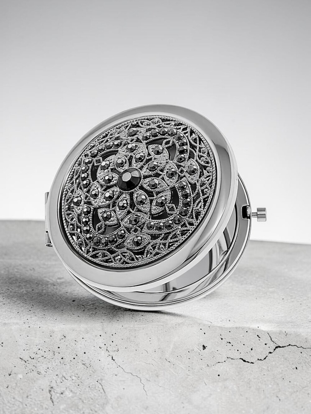 NEW Monet Jewelry Silver Tone  Snap Compact Mirror 2.75" New With Box